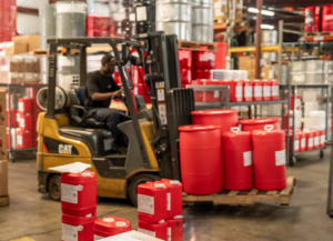 Red AFI fragrance drums being carried on a forklift in a shipping warehouse