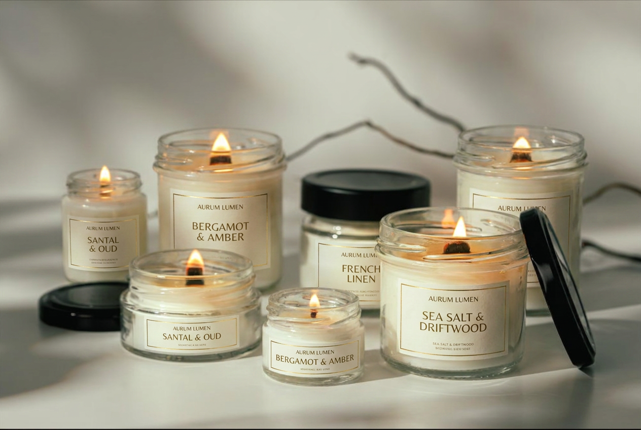 neatly arranged candles with burning wooden wicks are on a smooth surface with soft, warm light illuminating the surface.